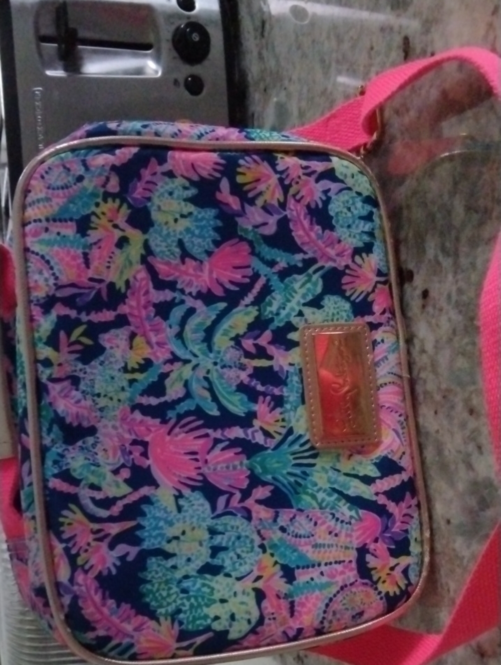 Lilly Pulitzer Navy Tropical Floral Crossbody with Pink Strap